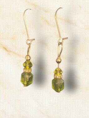 Gold Tone Green Crystal Drop Earrings - Handmade